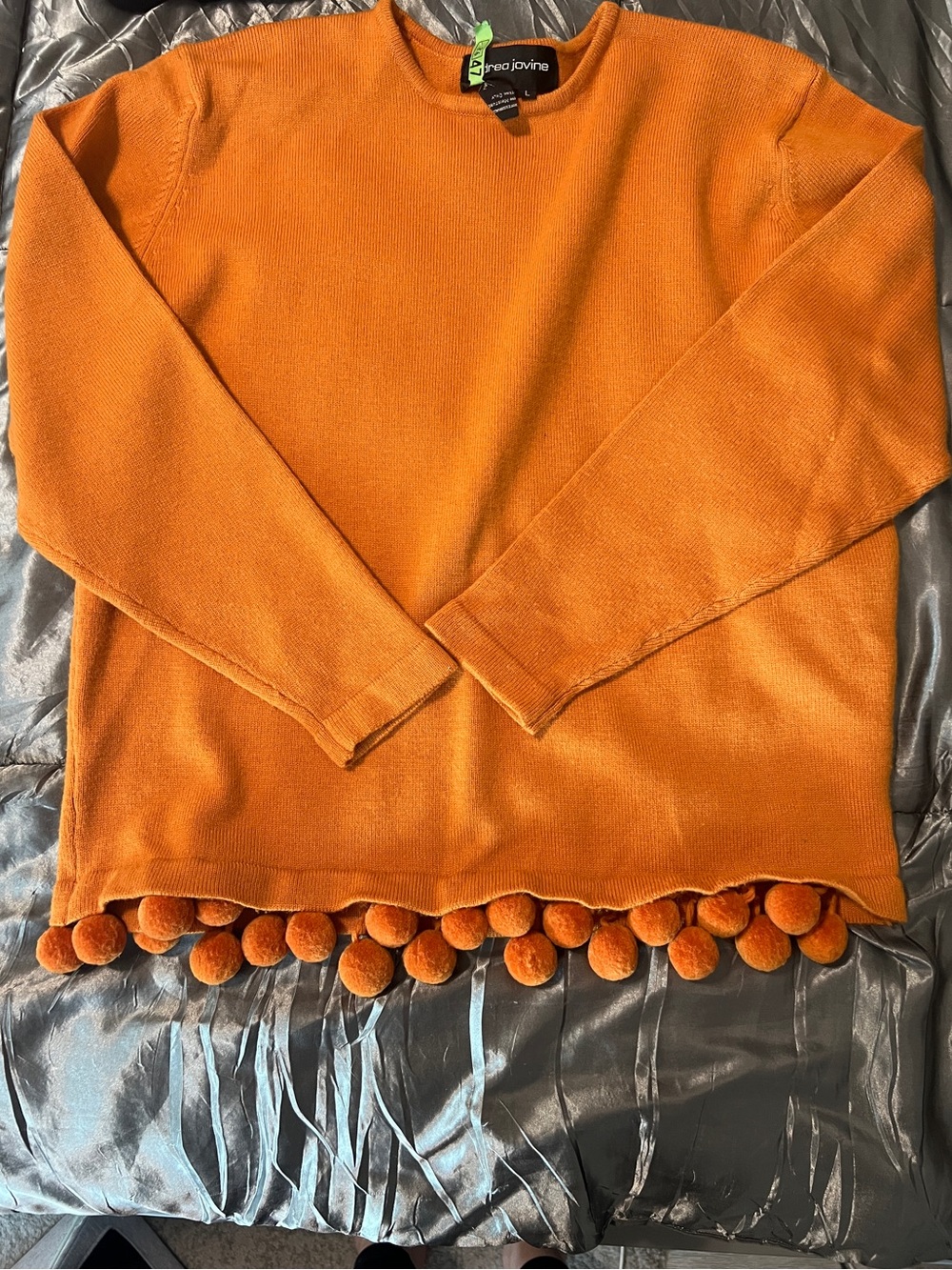 VINTAGE Designer Andrea Jovine Orange Mustard Pom Pom Hem Wool Sweater Artsy Mod